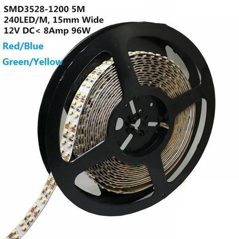 Image of DC 12V Red/Blue/Green/Yellow Dimmable SMD3528-1200 Double Row Flexible LED Strips 240 LEDs Per Meter 15mm Width 1200lm Per Meter