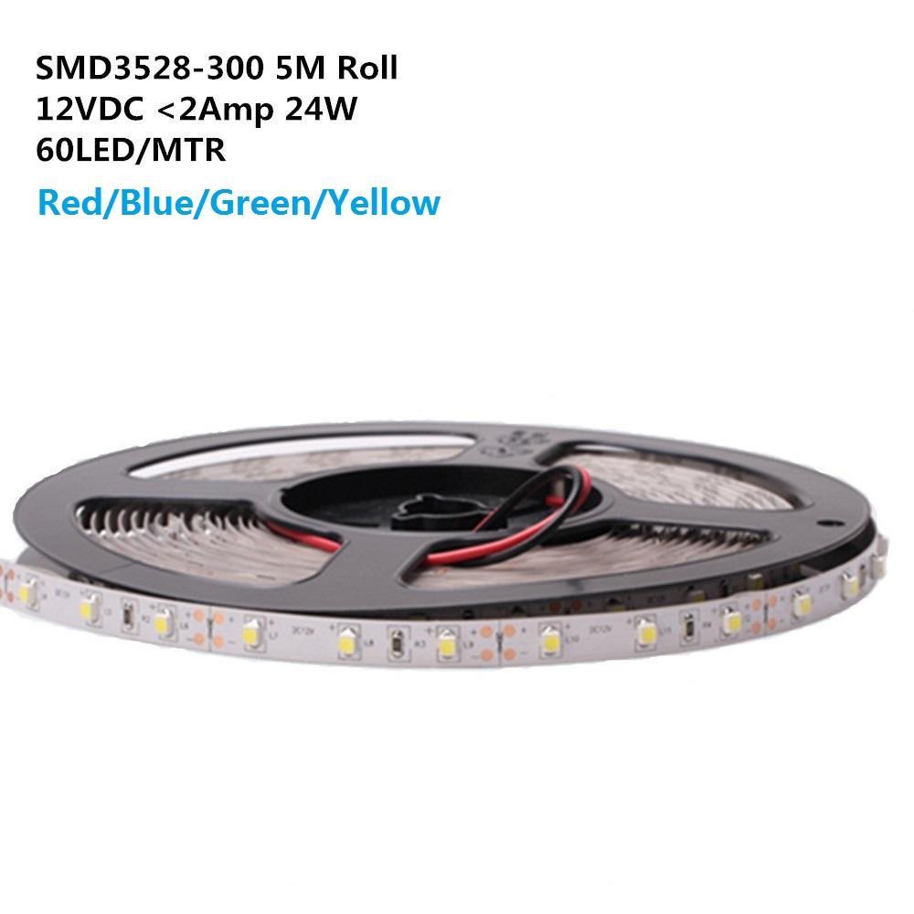 DC 12V Red/Blue/Green/Yellow Dimmable SMD3528-300 Flexible LED Strips 60 LEDs Per Meter 8mm Width 300lm Per Meter