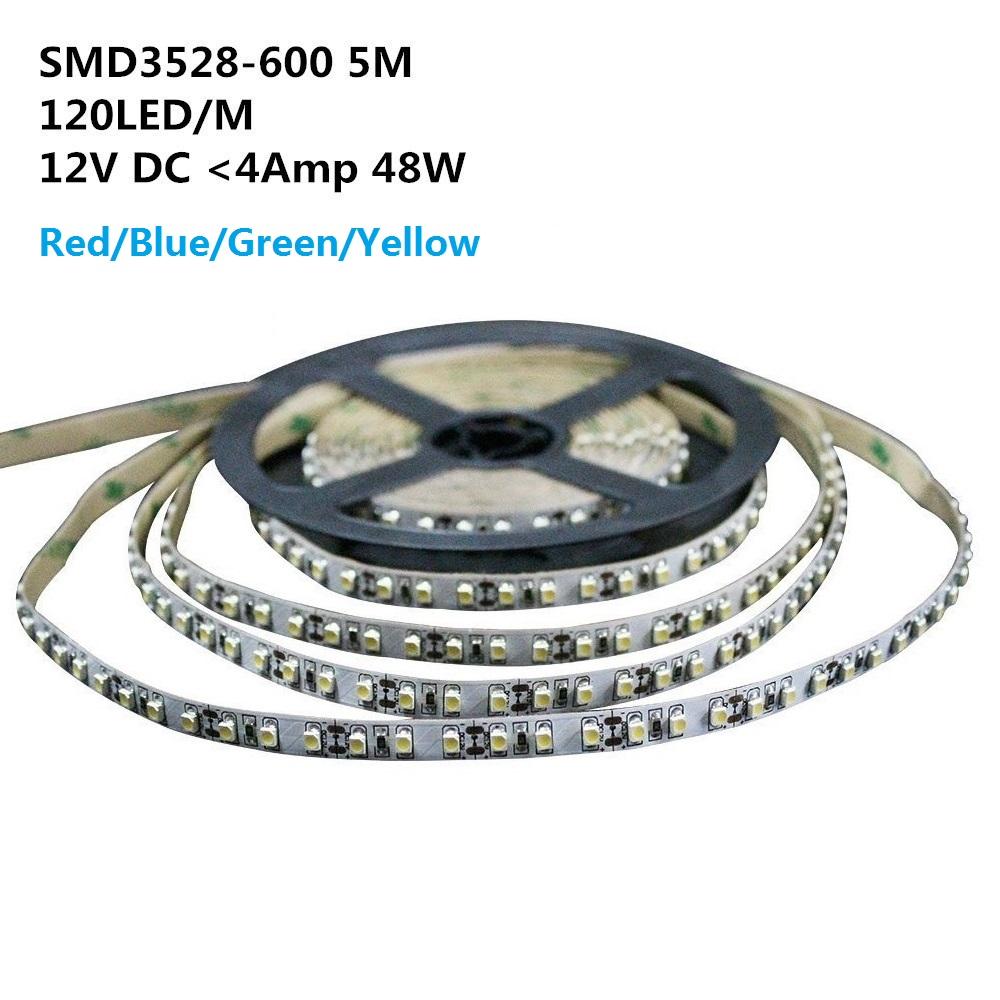 DC 12V Red/Blue/Green/Yellow Dimmable SMD3528-600 Flexible LED Strips 120 LEDs Per Meter 8mm Width 600lm Per Meter