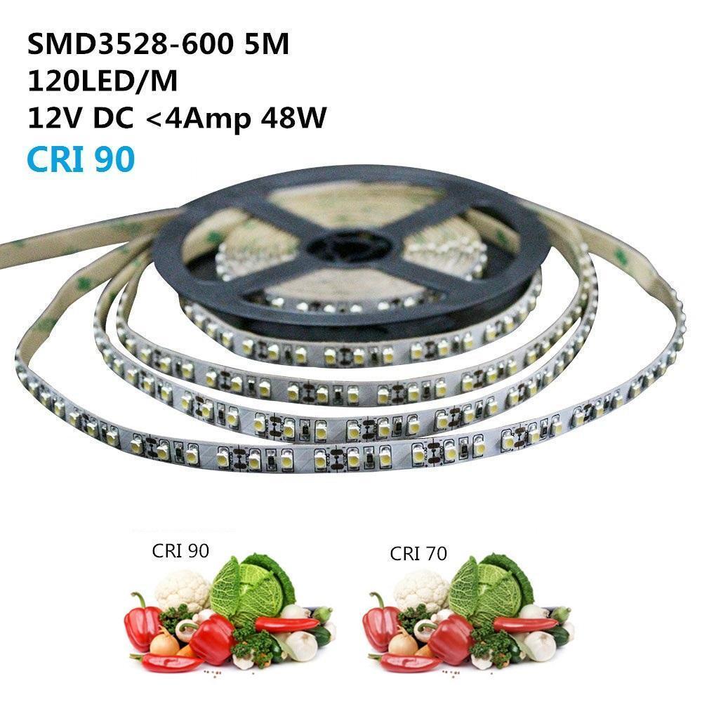 High CRI > 90 DC 12V SMD3528-600 Flexible LED Strips 120 LEDs Per Meter 8mm Width 600lm Per Meter