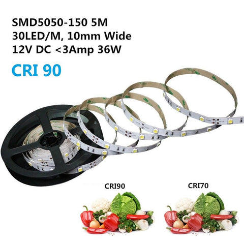 High CR I> 90 DC 12V Dimmable SMD5050-150 Flexible LED Strips 30 LEDs Per Meter 10mm Width 450lm Per Meter