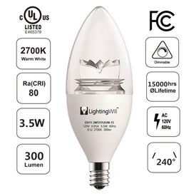 UL CUL Approved 3.5W 300 Lumen LED Candle Light Bulb Dimmable 2700K Warm White Color in E12 Edison Screw Base, 40 Watt Incandescent Lamp Equivalent