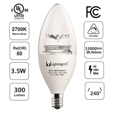 Image of UL CUL Approved 3.5W 300 Lumen LED Candle Light Bulb Dimmable 2700K Warm White Color in E12 Edison Screw Base, 40 Watt Incandescent Lamp Equivalent