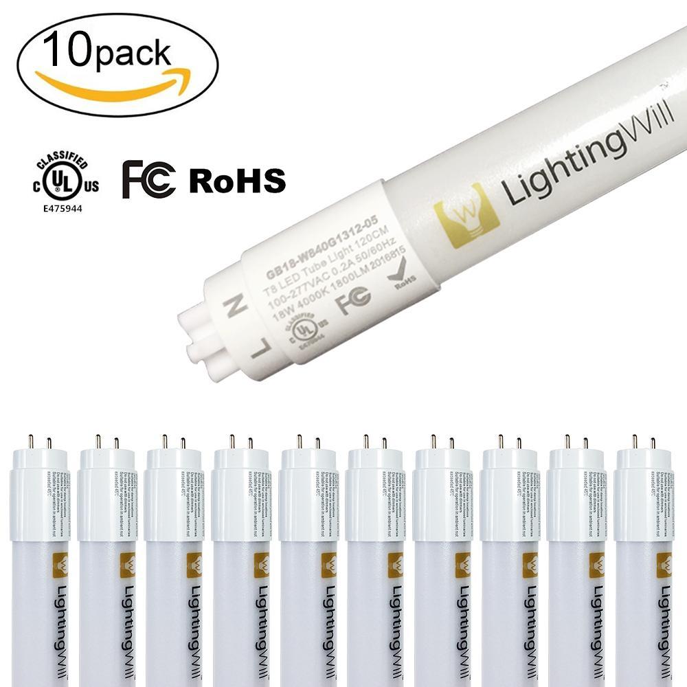 FREE SHIPPING 4/10/20 Pack 4FT(120cm) LED T8 Tube 18W 1800LM 100-277VAC, Ballast By-Pass, UL CUL Authenticated All-Plastic Nano Shell LED Tube