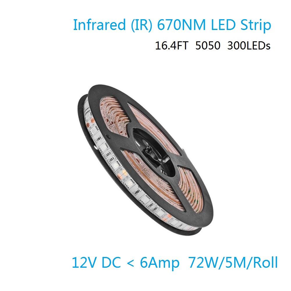 DC 12V Dimmable 670NM Red SMD5050-300 Flexible LED Strips 60 LEDs Per Meter 8mm Width 12W Per Meter