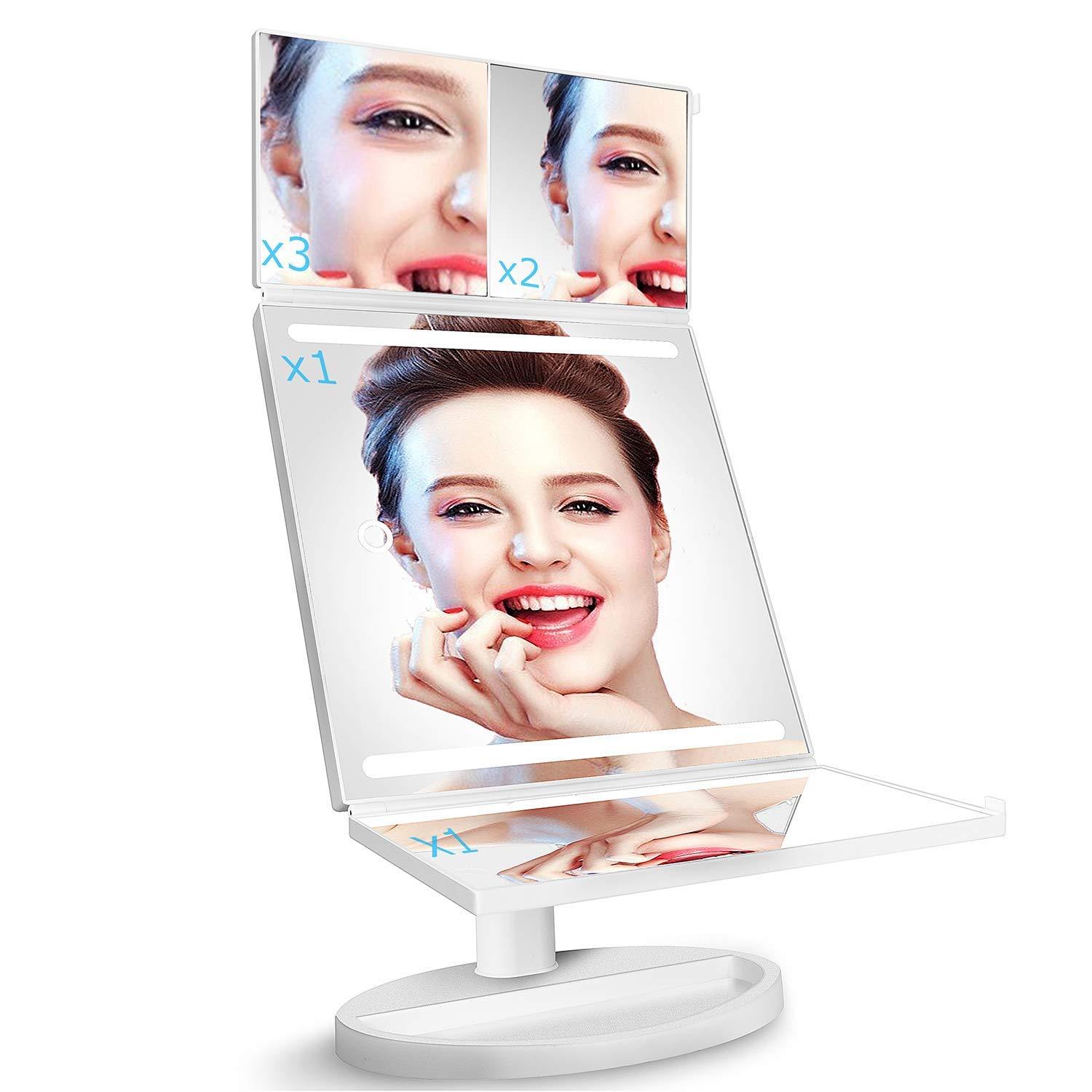 Tri-Fold LED Makeup Mirror with 360° Rotation, 3x/2x Magnification, 32 LEDs, Touching Dimmer and Dual Power Supply, as for Lighted Vanity Mirror and LED Cosmetic Mirror