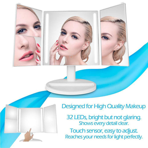 Image of Tri-Fold LED Makeup Mirror with 360° Rotation, 3x/2x Magnification, 32 LEDs, Touching Dimmer and Dual Power Supply, as for Lighted Vanity Mirror and LED Cosmetic Mirror