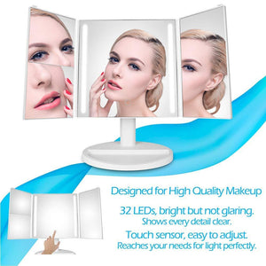 Tri-Fold LED Makeup Mirror with 360° Rotation, 3x/2x Magnification, 32 LEDs, Touching Dimmer and Dual Power Supply, as for Lighted Vanity Mirror and LED Cosmetic Mirror
