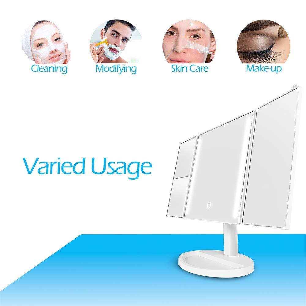 Tri-Fold LED Makeup Mirror with 360° Rotation, 3x/2x Magnification, 32 LEDs, Touching Dimmer and Dual Power Supply, as for Lighted Vanity Mirror and LED Cosmetic Mirror