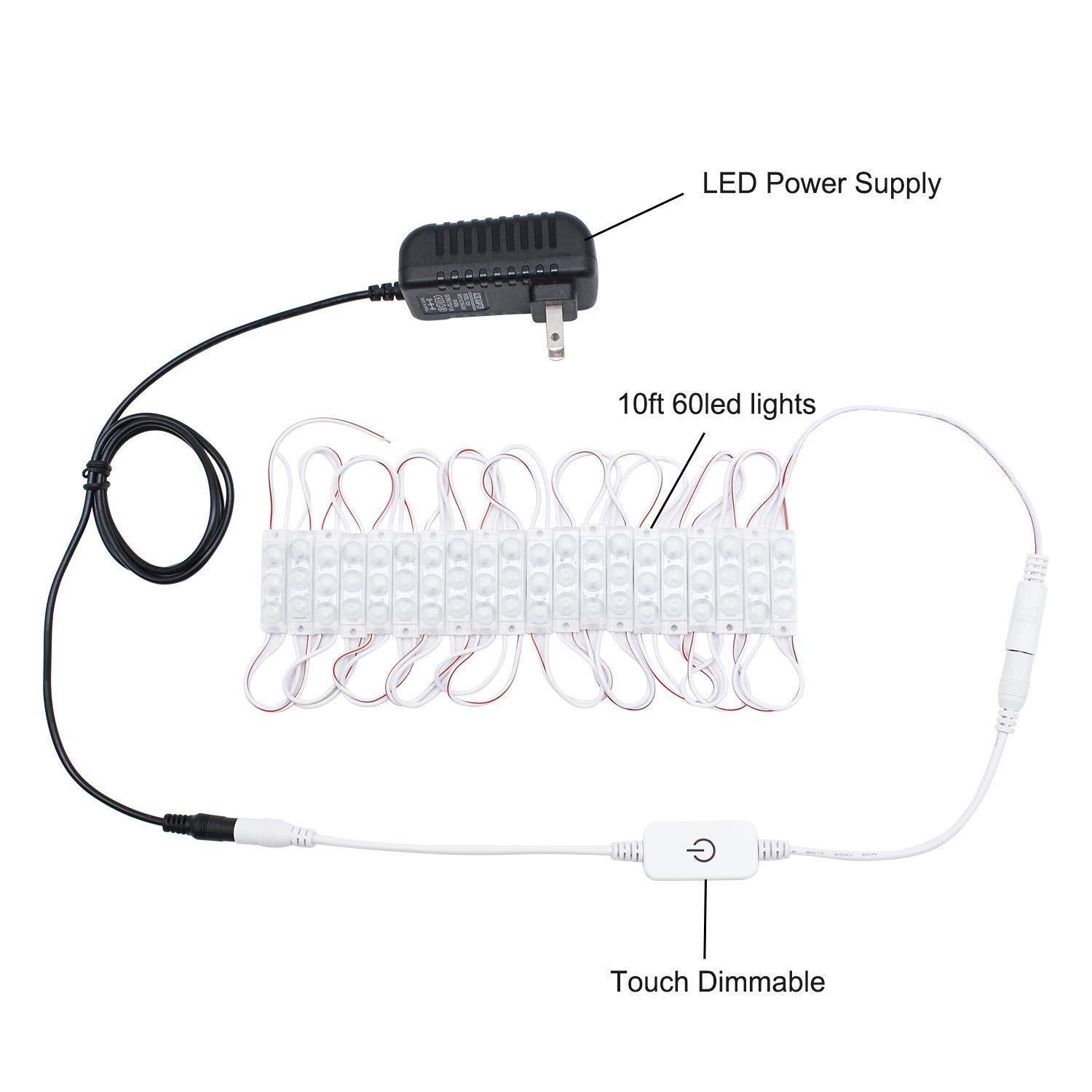 DIY Hollywood Style LED Vanity Mirror Lights Kit Dimmable Lighting, 10FT/20W-60leds, Daylight White, Waterproof IP67 with dimmable and power supply