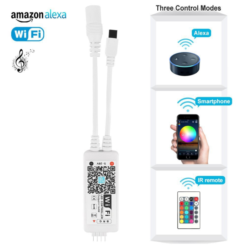 WiFi RGB LED Controller Box Working with Alexa Android IOS System Phone IR Remote Control for RGB LED Light Strip 5050 3528
