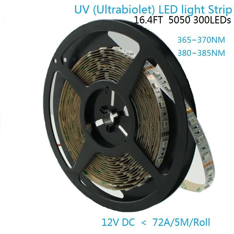 365nm & 380nm SMD5050-300 12V 6A 72W UV (Ultraviolet) LED Strip Light  Flex White PCB Ideal for UV Curing, Currency Validation, Medical Field