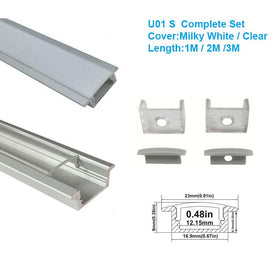 5/10/25/50 Pack Silver U01 9x23mm U-Shape Internal Profile Width 12mm LED Aluminum Channel System with Cover, End Caps and Mounting Clips for LED Strip Light Installations