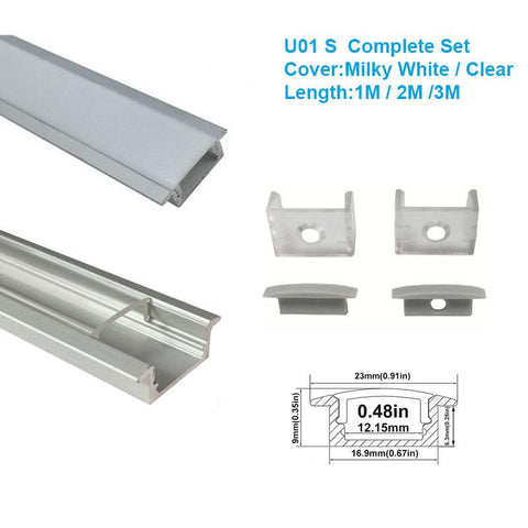 Image of 5/10/25/50 Pack Silver U01 9x23mm U-Shape Internal Profile Width 12mm LED Aluminum Channel System with Cover, End Caps and Mounting Clips for LED Strip Light Installations