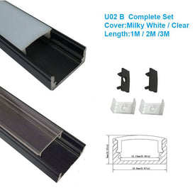5/10/25/50 Pack Black U02 9x17mm U-Shape Internal Profile Width 12mm LED Aluminum Channel System with Cover, End Caps and Mounting Clips for LED Strip Light Installations