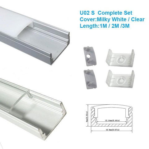 Image of 5/10/25/50 Pack Silver U02 9x17mm U-Shape Internal Profile Width 12mm LED Aluminum Channel System with Cover, End Caps and Mounting Clips for LED Strip Light Installations