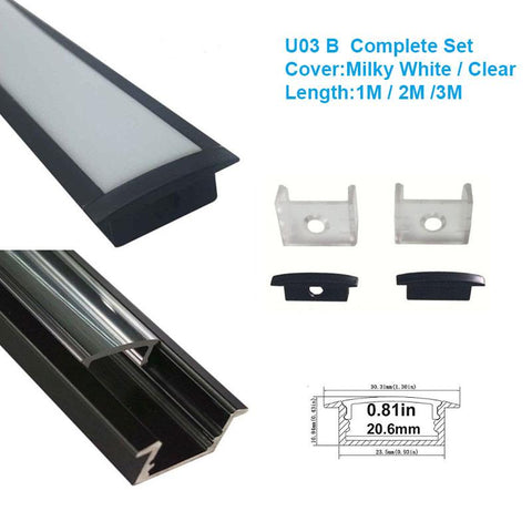 Image of 5/10/25/50 Pack Black U03 10x30mm U-Shape Internal Width 20mm LED Aluminum Channel System with Cover, End Caps and Mounting Clips Aluminum Profile for LED Strip Light Installations