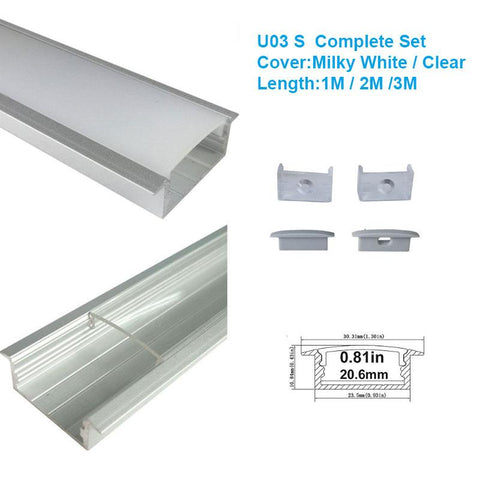 Image of 5/10/25/50 Pack Silver U03 10x30mm U-Shape Internal Width 20mm LED Aluminum Channel System with Cover, End Caps and Mounting Clips Aluminum Profile for LED Strip Light Installations