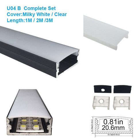 Image of 5/10/25/50 Pack Black U04 10x23mm U-Shape Internal Width 20mm LED Aluminum Channel System with Cover, End Caps and Mounting Clips Aluminum Extrusion for LED Strip Light Installations