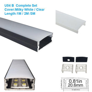 5/10/25/50 Pack Black U04 10x23mm U-Shape Internal Width 20mm LED Aluminum Channel System with Cover, End Caps and Mounting Clips Aluminum Extrusion for LED Strip Light Installations