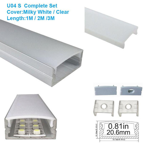 Image of 5/10/25/50 Pack Silver U04 10x23mm U-Shape Internal Width 20mm LED Aluminum Channel System with Cover, End Caps and Mounting Clips Aluminum Extrusion for LED Strip Light Installations