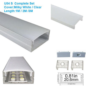 5/10/25/50 Pack Silver U04 10x23mm U-Shape Internal Width 20mm LED Aluminum Channel System with Cover, End Caps and Mounting Clips Aluminum Extrusion for LED Strip Light Installations