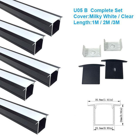 5/10/25/50 Pack Black U05 36x24mm U-Shape Internal Width 20mm LED Aluminum Channel System with Cover, End Caps and Mounting Clips Aluminum Profile for LED Strip Light Installations