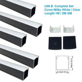 5/10/25/50 Pack Black U06 24x24mm Silver U Shape LED Aluminum Channel Internal width 20mm with White Diffuser Cover, End Caps and Mounting Clips for LED Strip Light Installations
