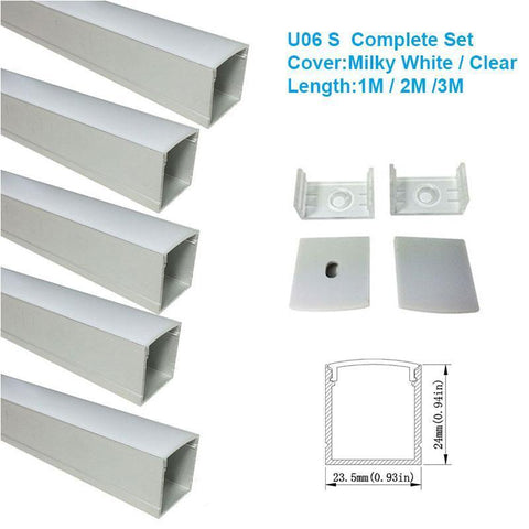 5/10/25/50 Pack Silver U06 24x24mm Silver U Shape LED Aluminum Channel Internal width 20mm with White Diffuser Cover, End Caps and Mounting Clips for LED Strip Light Installations