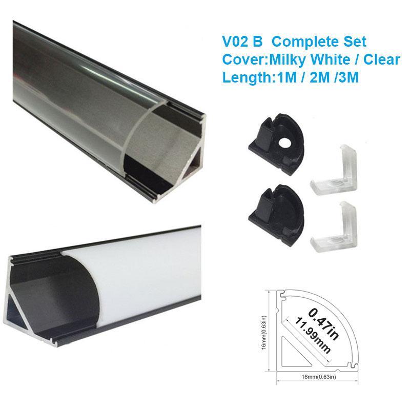 5/10/25/50 Pack Black V02 16x16mm V-Shape Curved Cover Channel Internal Width 12mm Corner Mounting LED Aluminum Channel with End Caps and Mounting Clips Aluminum Profile