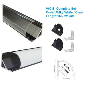 5/10/25/50 Pack Black V02 16x16mm V-Shape Curved Cover Channel Internal Width 12mm Corner Mounting LED Aluminum Channel with End Caps and Mounting Clips Aluminum Profile
