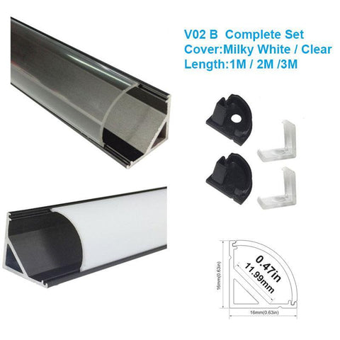 Image of 5/10/25/50 Pack Black V02 16x16mm V-Shape Curved Cover Channel Internal Width 12mm Corner Mounting LED Aluminum Channel with End Caps and Mounting Clips Aluminum Profile