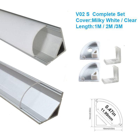 Image of 5/10/25/50 Pack Silver V02 16x16mm V-Shape Curved Cover Channel Internal Width 12mm Corner Mounting LED Aluminum Channel with End Caps and Mounting Clips Aluminum Profile