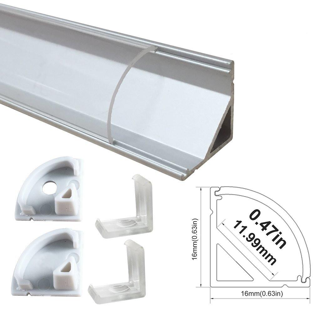 5/10/25/50 Pack Silver V02 16x16mm V-Shape Curved Cover Channel Internal Width 12mm Corner Mounting LED Aluminum Channel with End Caps and Mounting Clips Aluminum Profile