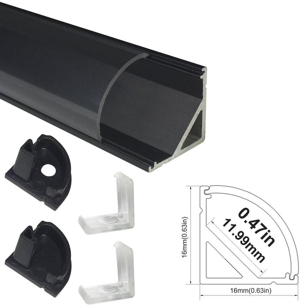 5/10/25/50 Pack Black V02 16x16mm V-Shape Curved Cover Channel Internal Width 12mm Corner Mounting LED Aluminum Channel with End Caps and Mounting Clips Aluminum Profile