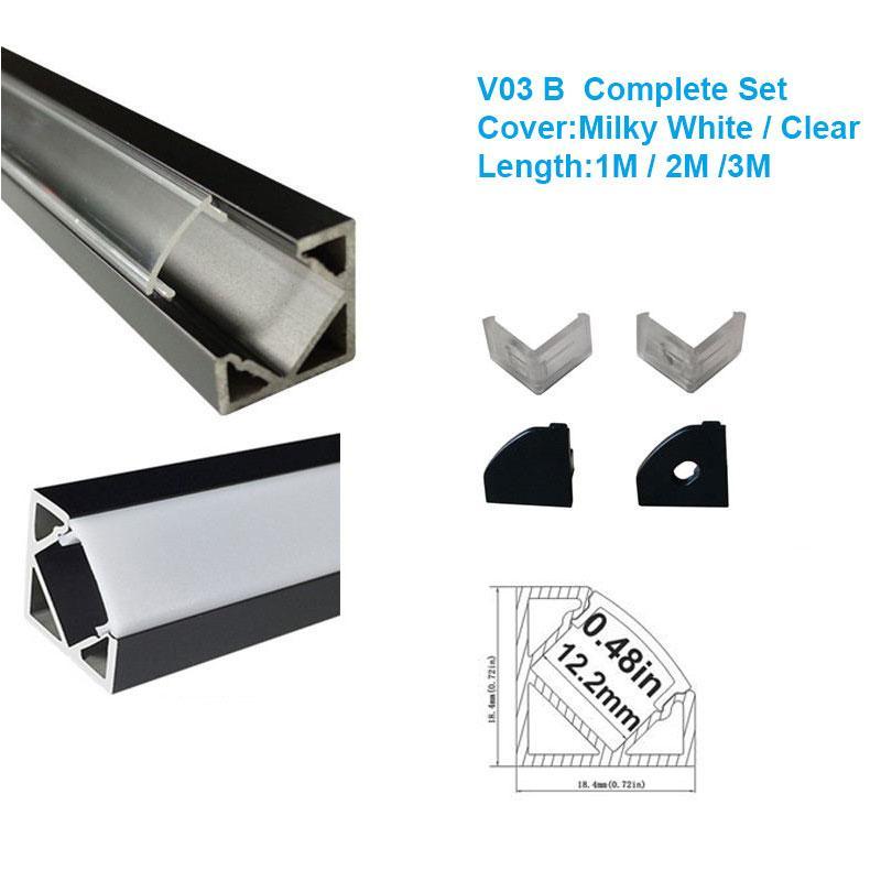 5/10/25/50 Pack Black V03 18x18mm V-Shape Internal Width 12mm Corner Mounting LED Aluminum Channel with Oyster White Cover, End Caps and Mounting Clips for Flex/Hard LED Strip Light