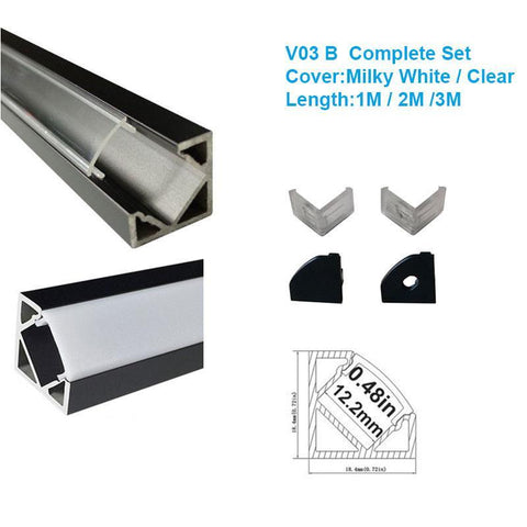 Image of 5/10/25/50 Pack Black V03 18x18mm V-Shape Internal Width 12mm Corner Mounting LED Aluminum Channel with Oyster White Cover, End Caps and Mounting Clips for Flex/Hard LED Strip Light